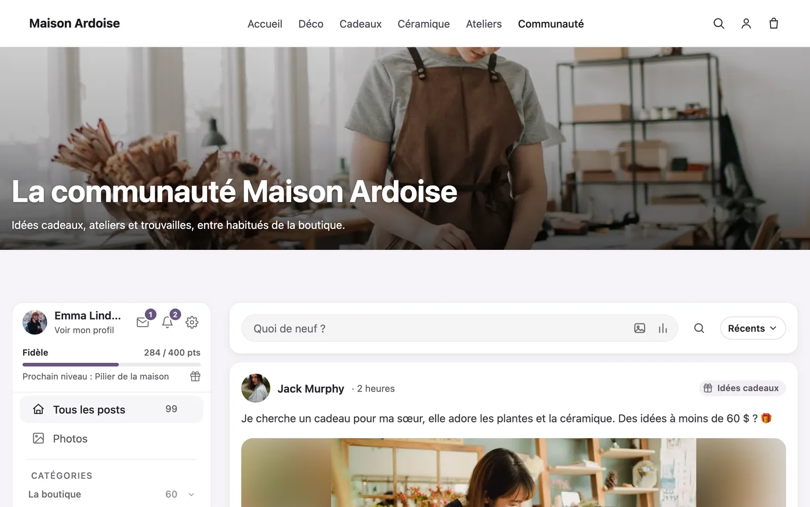 Le forum de la boutique Maison Ardoise : bannière de la communauté, catégories et un post de la boutique commenté par une cliente.